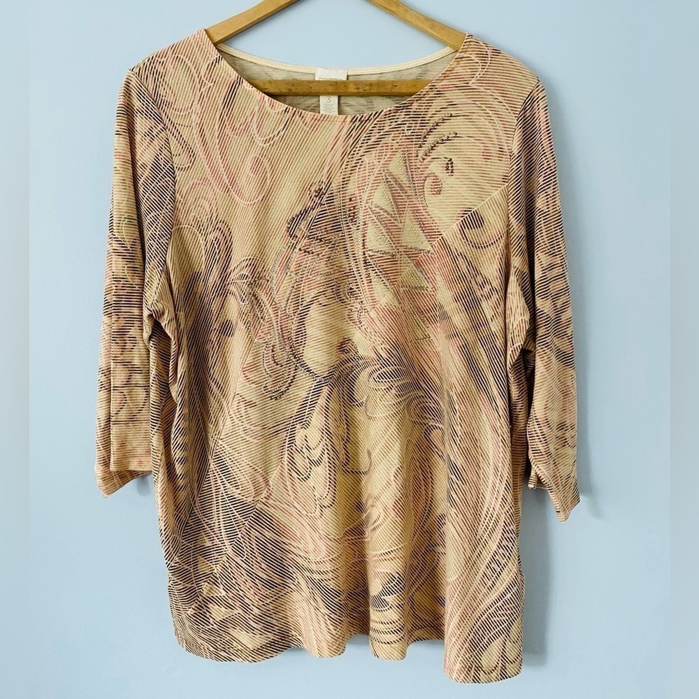 Chico's Size 3 XL 16 18 Linear Scrolls Spliced Sierra Top Khaki Blush Pink